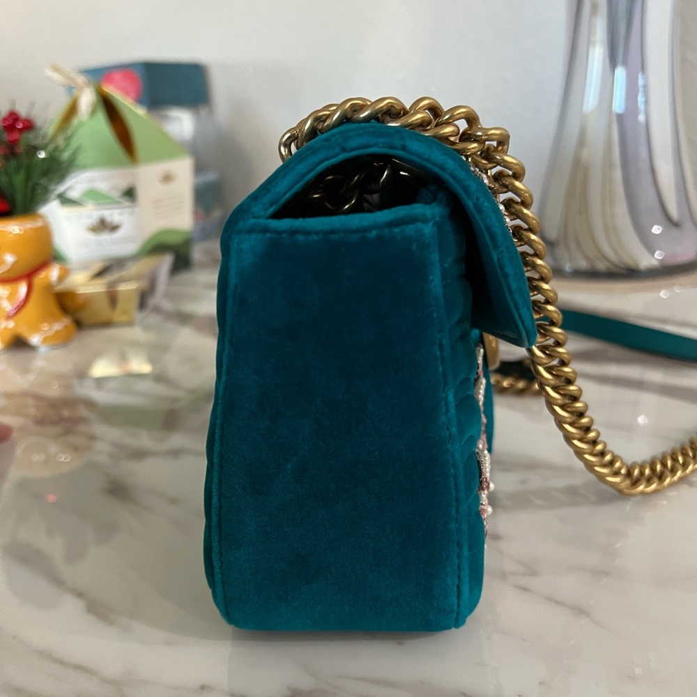 Gucci Marmont Teal Velvet Embellished Limited Editiom Bag Chain Deer - Picture 6 of 13